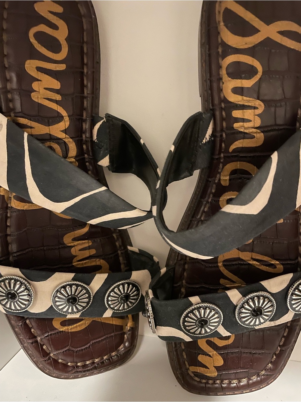 Sam Edelman Black and Cream Patterned Sandals with Decorative Conchos